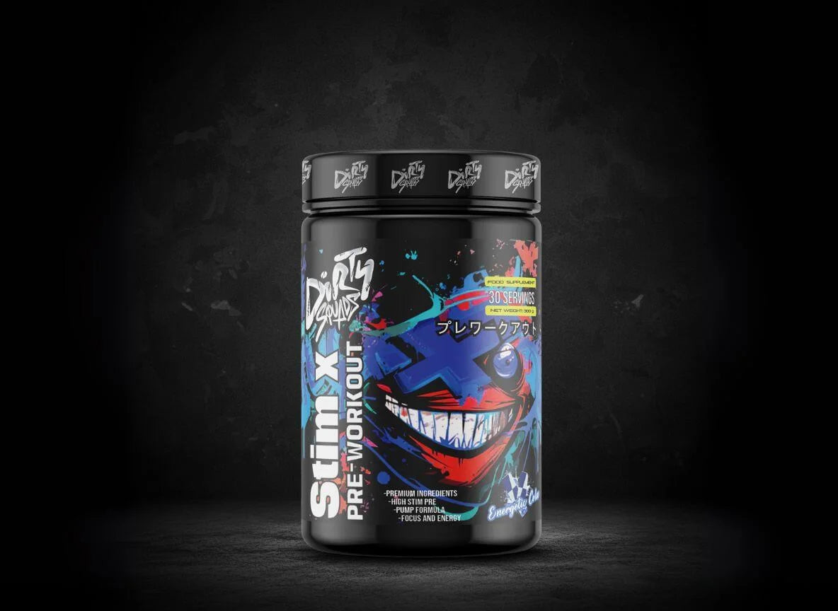 Pre-workout supplement container with colorful label on a dark background